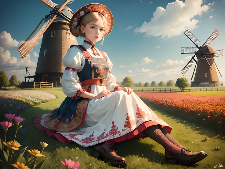 traditional dutch clothes,a girl wearing traditional dutch clothes,detailed embroidery,typical dutch colors,windmill backdrop,vivid colors,portrait style,beautiful detailed dress,floral patterns,wooden shoes,masterpiece:1.2,realistic