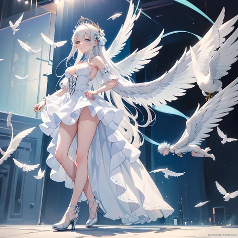 masterpiece, best quality, ultra -detailed, finely detail, White girl, angel, two big wings, white hair, blue eyes, sexy, sexy pose, pastel blue dress, full body, long hair, fringe, pastel blue dress, white shoes, acessories, wings on the back, big lips, b...