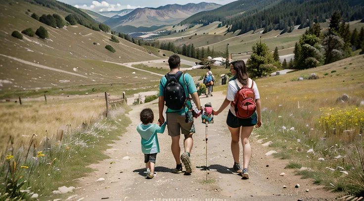 a candid photo of a family and friends hiking together in the mountains in the vacation trip week. sweaty walking in the beautif...