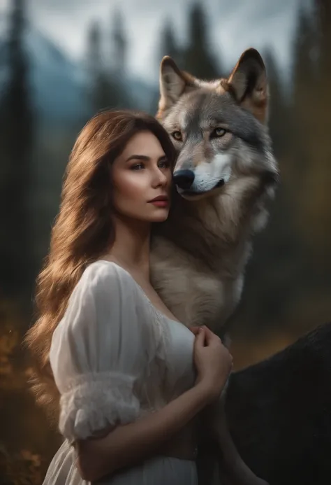 A giant wild gray wolf protects the beautiful girl
(Master parts: 1.5) (Fotorrealista: 1.1) (Bokeh) (Best quality) (The skin、pores、Detailed texture of hair: 1.1) (复杂) (8K) (hdr) (Wallpapers) (Cinematic lighting) (foco nítido )