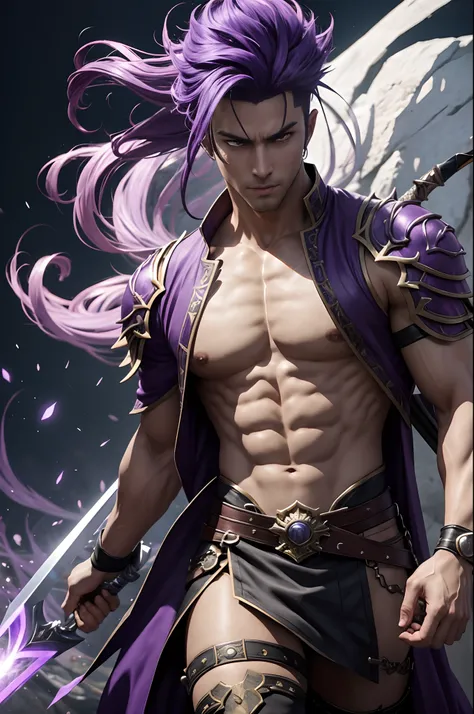 8K、Alafed Men、White and purple exterior,Golden decoration、Big sword armament、Super handsome、Purple and white mohawk cutting、Eyes glowing purple、unrealengine、Joseph Joestar、trending on artstationh、Diobrand、highly detailed exquisite fanart、3 d render charact...