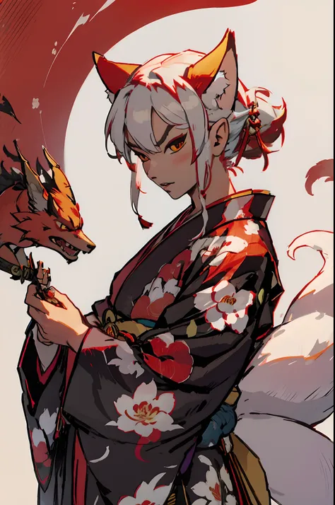 Japanese Woman Kimono Kitsune Oni Cat Ears Serious Angry Countenance