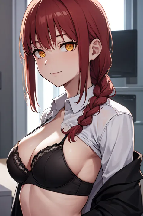 (nsfw:1.2), (black bra:1.5), makima, long hair, smile, bangs, small breasts, (yellow eyes:1.2), braid, red hair, braided ponytail, ringed eyes, 
BREAK  shirt, long sleeves, jacket, white shirt, collared shirt, pants, black jacket, black pants, formal, shir...