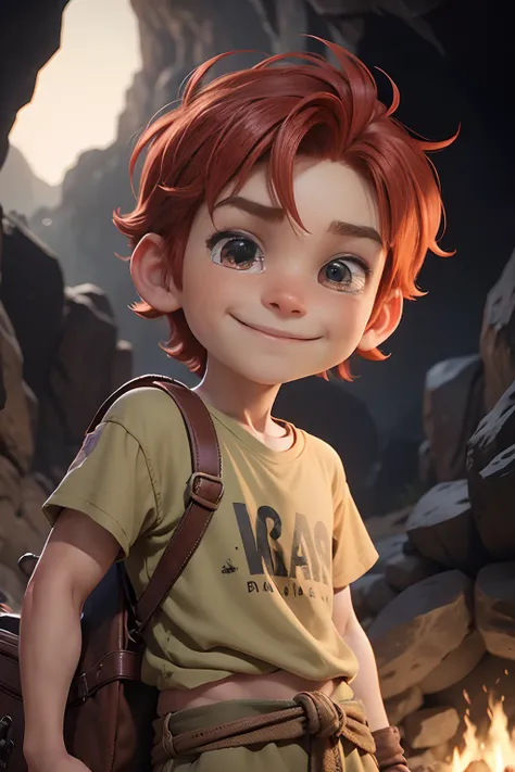 Pixars cartoon style: A ten-year-old red-haired boy is poor in poor clothing, In a cave with savages around a fire. Smiling broadly. a closeup of a. blurred background. Light haze.