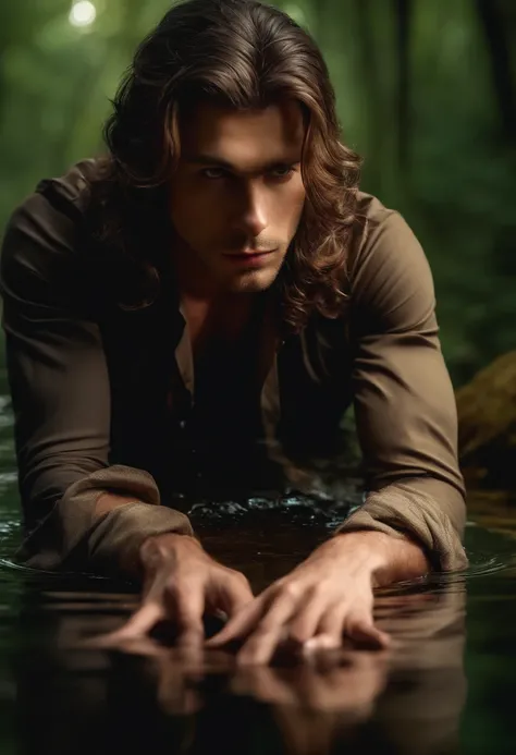 ((One Man)), ((bent over the water and looks at the reflection)), Portrait of a man in a misogynistic costume, ((Long sleaves)), With mystical colored eyes, pale skin, and long hair, Magical, Beautiful, Enchanting, Photorealism, mid-shot, ((Deep forest)), ...