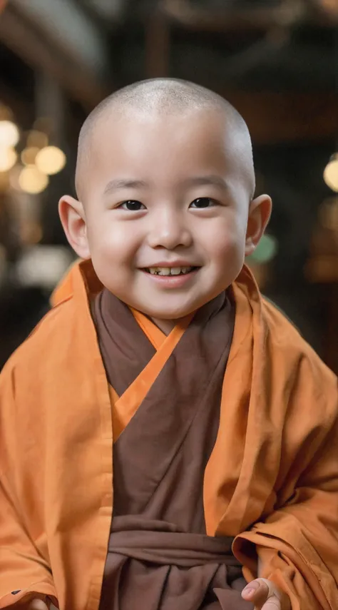 A young monk wears an orange monks robe，had his hands folded，sit with legs crossed，Smile at the camera