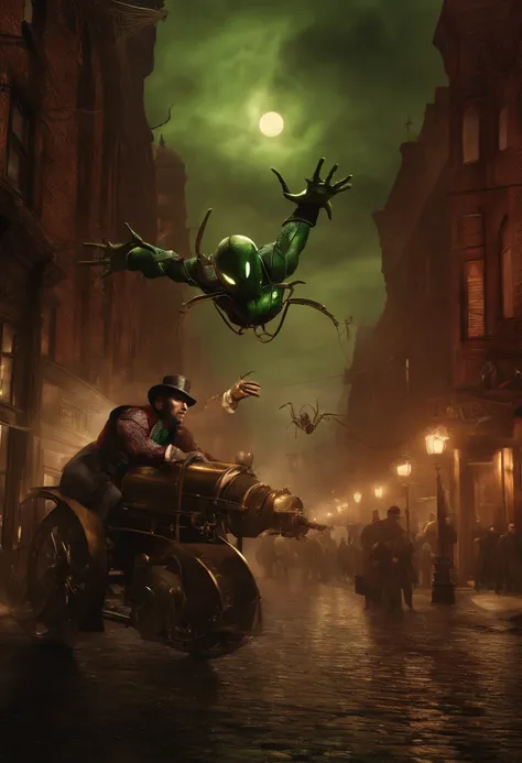 Metaverse of Spider-Man versus Green Goblin in a Halloween atmosphere, Steampunk version with a special appearance by Iron Man in Vertiginous fights watched by Irish workers in the old New York setting of 1883, realistic high-definition images