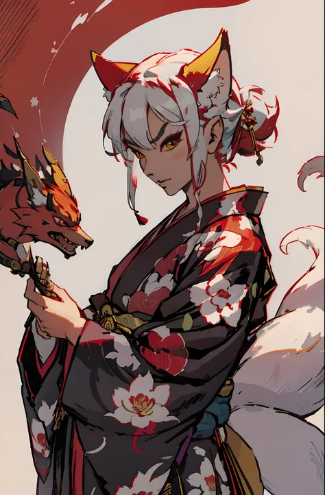 Japanese Woman Kimono Kitsune Oni Cat Ears Serious Angry Countenance