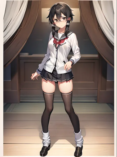 {shino asada, (black eyes:1.5), black hair, hair between eyes, hair ribbon, short hair, sidelocks, glasses}, highly detailed and...