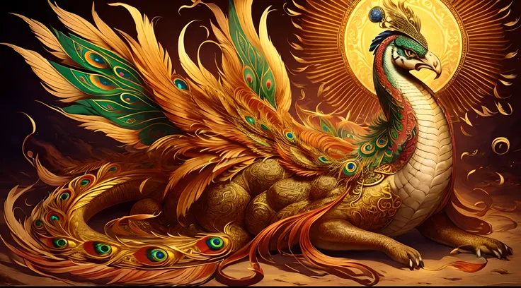 drak，Giant dragon，Dragon shaped，Dunhuang Dragon，The whole body is golden，Phoenix feathers all over the body，Wearing Dunhuang costumes and silk scarves，All kinds of Dunhuang patterns all over the body，fatness，Belly to the ground，The big belly is covered wit...