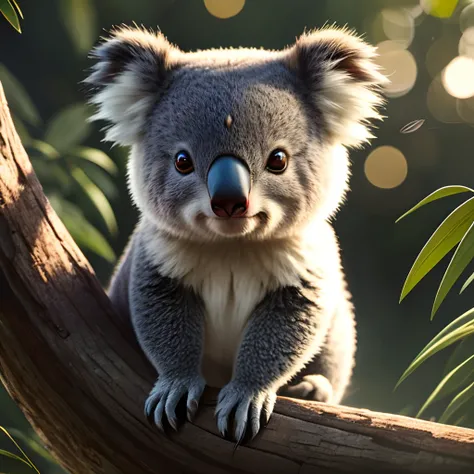 best quality, vibrant colors, realistic:1.37, detailed eyes, cute koala, fluffy fur, eucalyptus leaves, peaceful green forest, soft lighting, nature landscape, wildlife, majestic trees, Australian fauna, gentle expression, adorable little creature, adorabl...