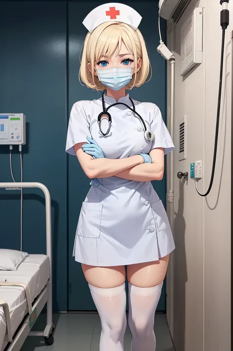 1girl, solo, nurse, nurse cap, white wear, ((white legwear, zettai ryouiki)), white gloves, blonde hair, blue eyes, ((white surgical mask, covered nose)), standing, ((hospital room)), sharp outline, short sleeves, best quality, masterpiece