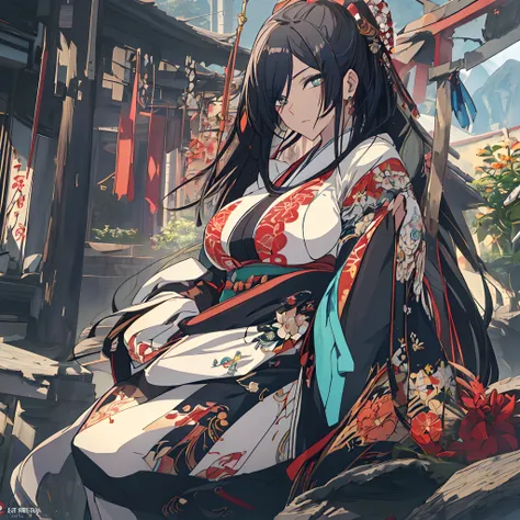 (Best Quality,4K,8K,hight resolution,masutepiece:1.2),Ultra-detailed,,beautiful character painting,The art of white Japan,Shrine of Japan,epic exquisite character art,Stunning character art,Beautiful woman,((beautiful and very large breasts,Beautiful detai...