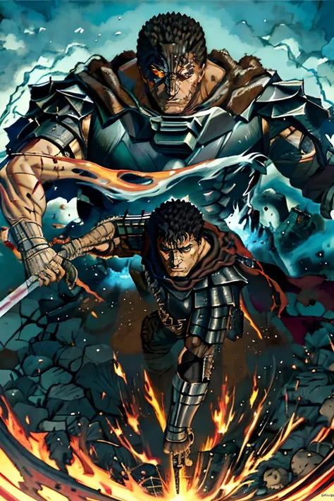 comic storyboard:2, \(guts berserker\), tmasterpiece, best quality, a robust man, brunette color hair, short  hair, musculature,...