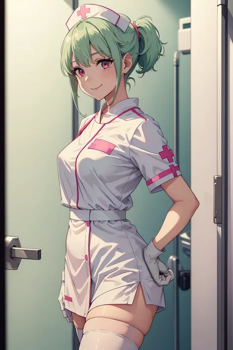 1girl, solo, nurse, nurse cap, white wear, ((white legwear, zettai ryouiki)), white gloves, ponytail, green hair, pink eyes, smile, standing, ((hospital room)), sharp outline, short sleeves, best quality, masterpiece