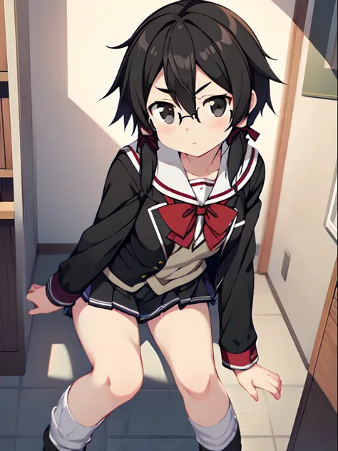 {shino asada, (black eyes:1.5), black hair, hair between eyes, hair ribbon, short hair, sidelocks, glasses}, Highly detailed and realistic CG, Colorful, Masterpiece, Best Quality, novel illustration,1girl in, Solo, loose socks, contrapposto, miniskirt, bla...