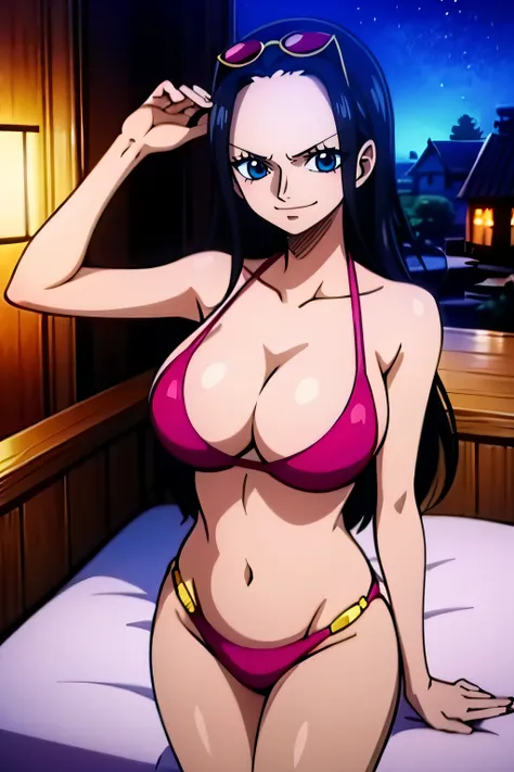 Robin de One Piece, pose sexy, Y si , Elly, Sari rojo, 8k, anime, ribera, teta grande, grande, Se ve sexy perfecta calidad ojos ojos azules, bikini rosa, pink bikini, bed, house, night