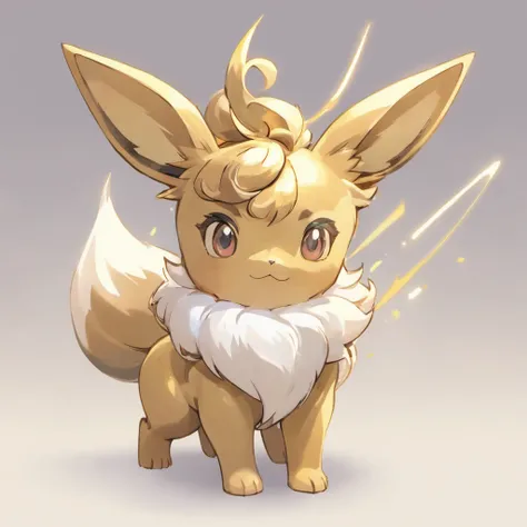 Eevee, branco e prata, listras de onda de ouro, Engrenagens, Olhos cor-de-rosa rodeados por metal dourado, Mecha, master part, best quality