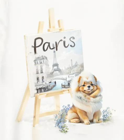 Arafed dog sitting in front of a picture of a Paris sign, Retrato de Paris, Paris, em Paris, Pomeranian, inspired by Albert Paris Gütersloh, fundo de paris, arte da camisa, painting of cute dog, Cidade de Paris, retrato detalhado, Pets, Estilo de pintura, ...