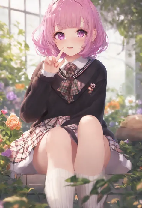 PH Momo, momohd, phmomo, Solo, 1girl in,  Pink hair, Purple eyes, Short hair, Hair Flower, Sweater Vest, School uniform, Big eyes, plaid skirts, black thighhighs,Making a peace sign, embarrassed