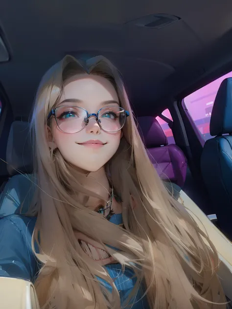 Woman in a car with glasses and a blue shirt, 19-year-old girl, sentada em seu carro, imagem de perfil, foto de perfil headshot, imagem de qualidade muito baixa, ela tem cerca de 1 6 anos de idade, 18 anos, muito ligeiramente sorridente, leve sorriso nerd,...