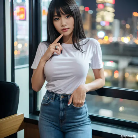 ((top-quality、in 8K、​masterpiece)),Beautiful young woman in Japan, long legged, foco nítido, Beautiful woman with perfect body shape, A slender , ((A dark-haired、Colossal tits)), (White tight t-shirt、Tight skinny jeans 、is standing), ((Night City View、Room...