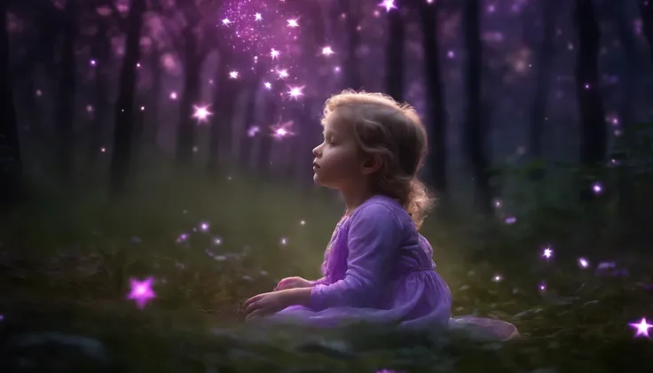 Child Playing With Transparent Spirit, feliz, 8 years, Dark forest with purple and pink stars, 8k