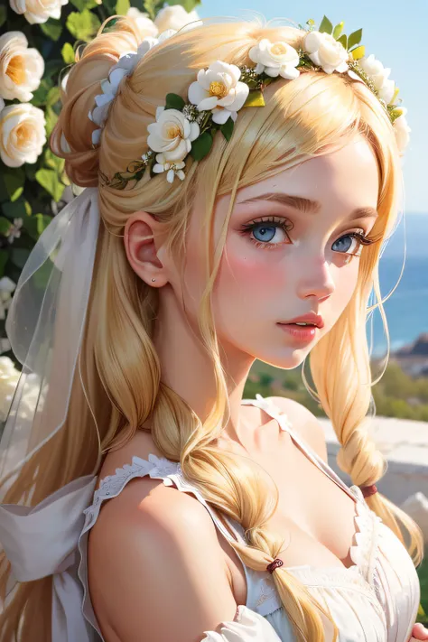 1 girl, blonde woman, white greek dress, blonde ponytail, A wreath of flowers on his head