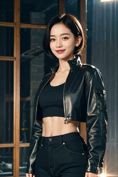 (forehead, cropped jacket, abs, midriff, scowling, short hair, black hair, eyes liner:1.3), (masterpiece, best quality, beautifu...