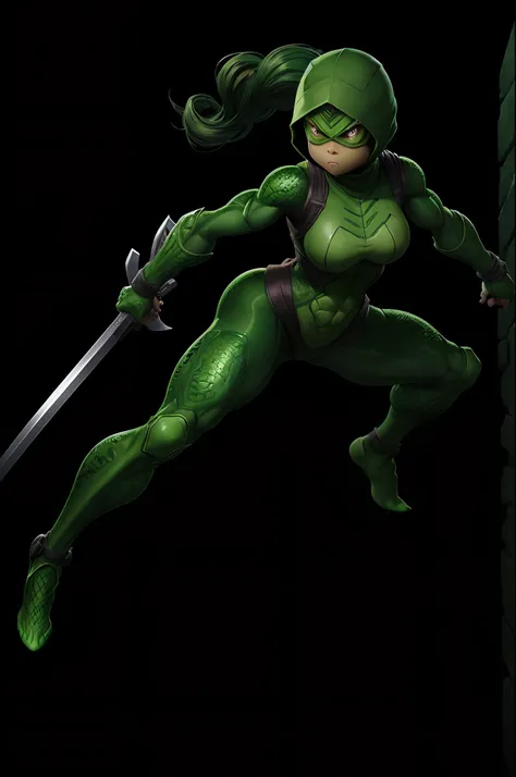 (best quality,ultra-detailed,realistic:1.2), green skin, cute ninja girl, turtle girl, female mutant teenage ninja turtle, sexy posture, full body, detailed shell, weapon, martial arts training, intense expression, dynamic action, dark background, glowing ...