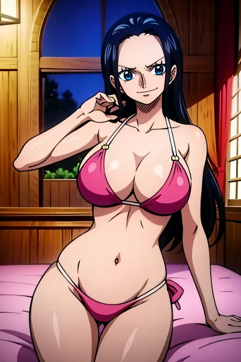 Robin de One Piece, pose sexy, Y si , Elly, Sari rojo, 8k, anime, ribera, teta grande, grande, Se ve sexy perfecta calidad ojos ojos azules, bikini rosa, pink bikini, bed, house, night