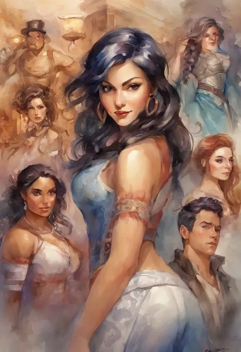 Anime characters in a room with a lot of people, nico robin, maya fey from ace attorney, caitlyn from league of legends, Range Murata and Artgerm, sakimichan frank franzzeta, samira from league of legends, vanillaware artwork, style ivan talavera and artge...