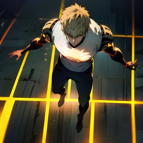 masterpiece, best quality, 1boy, (genos), short hair, black tshirt, standing, night city, angry face, aura power, night, natural...