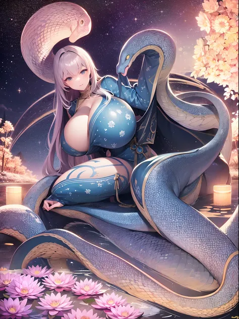 Colored line art night quiet starry sky and lake water, water lily, Bridge, Very realistic and detailed painting, Pencil, Colored pencils,８Giant snake with beautiful female body、((huge bust:1.5))Brilliant Hydra、Legendary Serpent Dragon、Its beautiful８Man Wo...