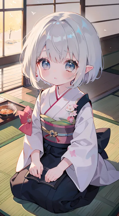 One girl、silber hair、Short bob hair、cute little、small tits、Elven ears、​masterpiece、top-quality、Top image quality、Kimono、Tatami mats、traditional Japanese room,Seiza