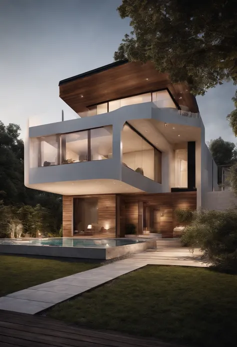 Villa design, straight front view, modern style, many trees, straight view of the building, street, combination of white walls, glass and wood, sparkling