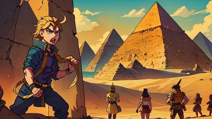 Illustrate a picture of JOJO Bizzare Adventure, a battle in Egypt,pyramid,Dio Brando, in anime style image --auto --s2