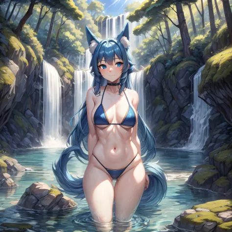 (Masterpiece) (High Detail) (High Res) A short humanoid girl with pale human skin and blue eyes and long blue hair and blue dog ears and a fluffy dog tail is stood in front of a waterfall, woodlands all around, a large pool. Panoramic view. Nature all arou...