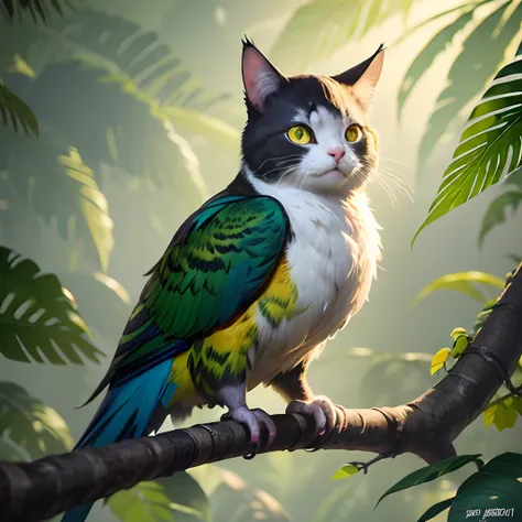 a cat who thinks its a parrot,fluffy,feline,curious,playful,parrot-inspired colors,feathers and fur seamlessly blended,cats green eyes shining,sharp claws,pouncing on branches,purple and blue background,whiskers twitching,hanging from a perch,purrr-rotting...