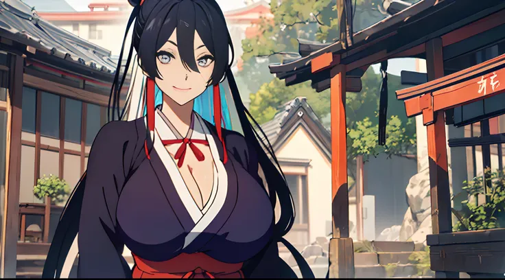 (Best Quality,4K,8K,hight resolution,masutepiece:1.2),Ultra-detailed,,beautiful character painting,The art of white Japan,Shrine of Japan,epic exquisite character art,Stunning character art,Beautiful woman,((smil、cleavage of the breast、Breast that seems to...