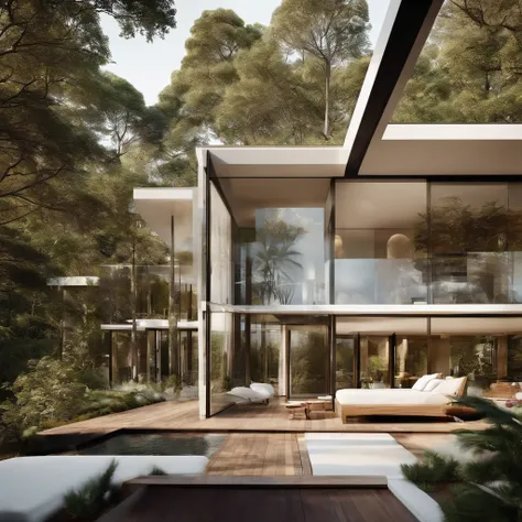 resort, modern style, lots of trees, landscape, combining white walls, glass and wood, shimmering, created with straight lines