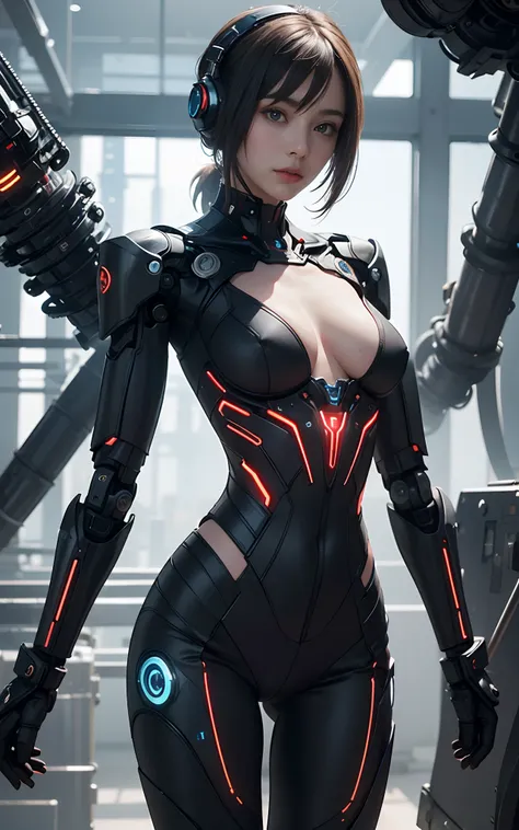 NSFW、8k, top-quality, ​masterpiece, realisticlying, realperson, render of a futuristic human-like robot with sections of its body revealing the complex machinery inside. The android poses confidently, with its fingers displaying micro-motors and sensors.