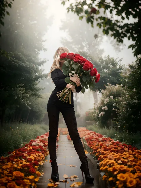 Girl with long hair, Realistic hair, Better quality, 4K quality, Drawing Hands, Detailed drawing of hands, Photo Enhancement, foto realista. light blonde hair, bunch of flowers, red roses, mist