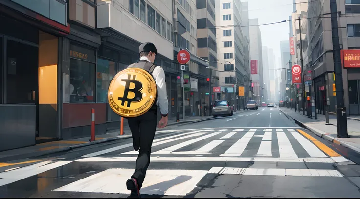 Create a man walking on road  with Bitcoin