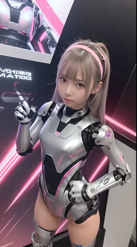 (Photorealistic: 1.4), 1 girl, (Best Quality), (Ultra-detailed face), (ultra-well-formed face), (((Robot Parts)), (Cyborg girl), (Pink), (Silver), (metalic), (full bodyesbian), (Moe Pose), (Thin), (), (Model body type), (mecha exposure), (akihabara), (look...