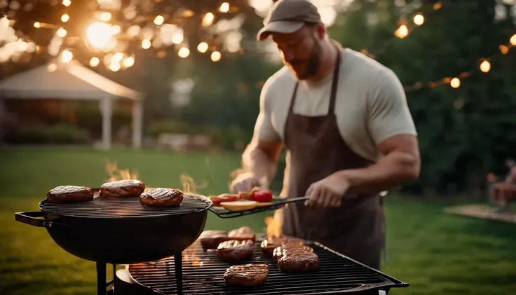 white male grilling patties on a BBQ in the backyard, with the golden hour light illuminating the grilling equipment and condiments