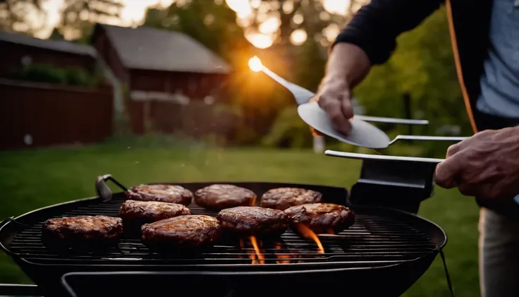 white male grilling patties on a BBQ in the backyard, with the golden hour light illuminating the grilling equipment and condiments