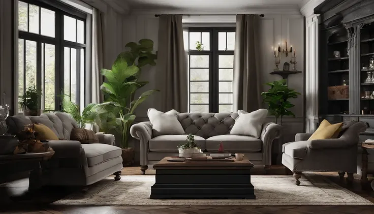 An indoor living room，There is a sofa inside，tea table，a plant，The coffee table is wrought iron in black，The sofa is white wool，Homely atmosphere，Hyper-realistic style，Lots of detail