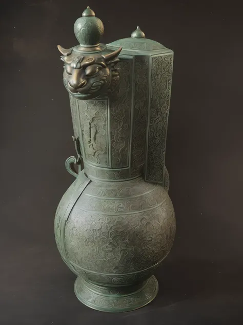 There is a green bronze，There is a dragon handle on it, The bronze ware is engraved with the character Zizhou，Dongsen bronzes, museum artifact, ancient chinese ornate, with dong son bronze artifacts, author：Wen Boren, year 2447, Maya, Wu Liu, year 3022, Ch...