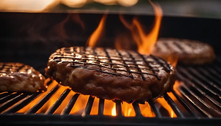 Extreme close-up of a patty flipping in the air above a grill, with sizzling sounds and golden hour light highlighting the action.